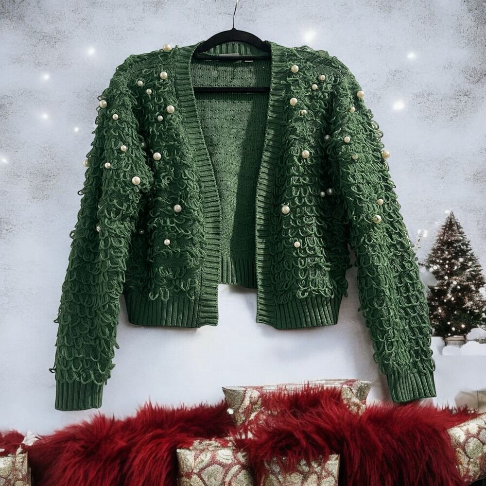 Mighty Fine Green Dress Cropped Cardigan Loop & Pearl Embellishments M-Holiday - Picture 3 of 11